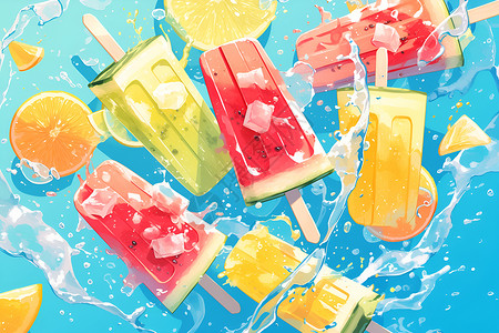 三色冰糕夏日清凉的水果冰棒插画