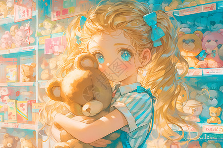 小女孩在玩具店里拥抱着泰迪熊背景图片