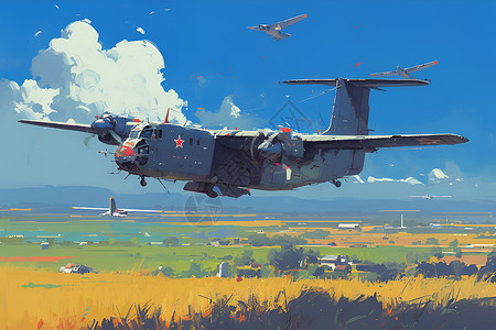 军事战斗机翱翔天空的飞机插画
