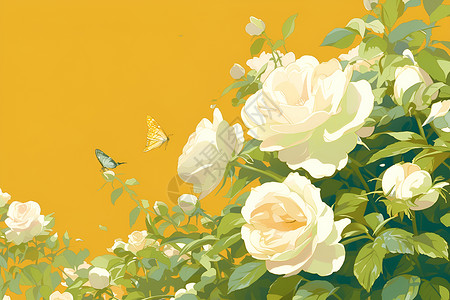 白玫瑰花环白玫瑰与蝴蝶插画