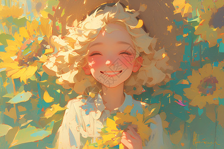 花卉与背景阳光少女与向日葵插画