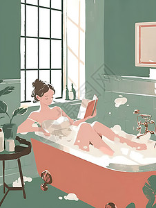 浴缸泡澡放松的年轻女性泡澡的女人插画