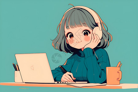 女孩使用电脑耳机女孩使用笔记本电脑插画