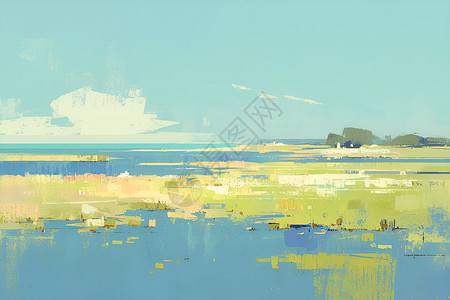 油画色块抽象的湖水与天空插画