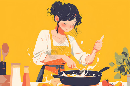 打蛋素材烹饪的女孩插画