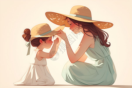 阳光的孩子戴着草帽的母女插画