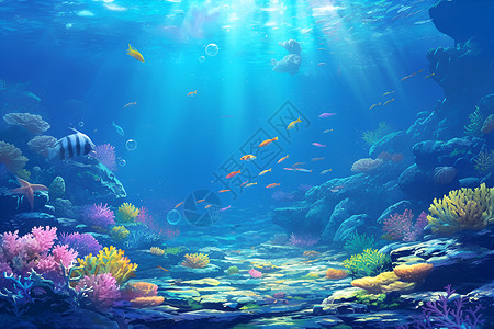 炸鱼珊瑚璀璨珊瑚美景插画