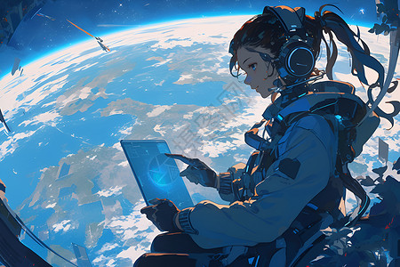 空中视野太空中的女孩插画