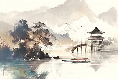 高山铁线莲湖畔迷雾中的山水画插画