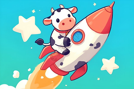 飞上天可爱牛儿骑火箭上天插画