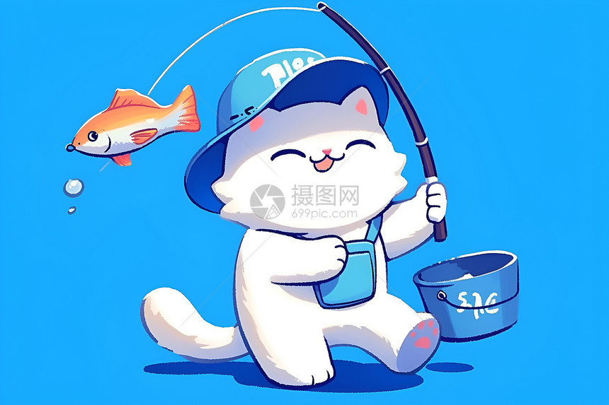 快乐的小猫和小鱼图片