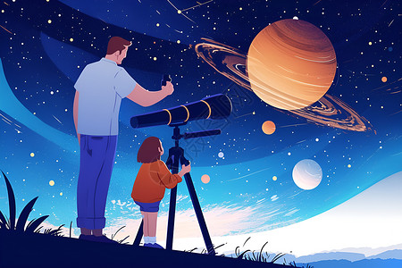 望远镜观星父女在观察行星插画