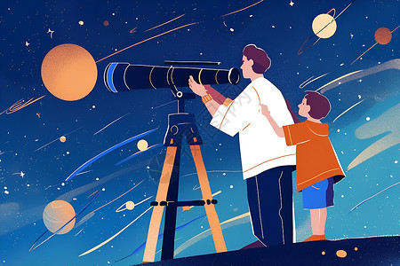 望远镜观星夜空之下的父子插画