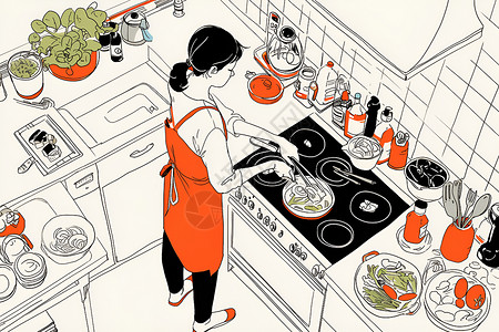 炒菜做饭烹饪的女人插画