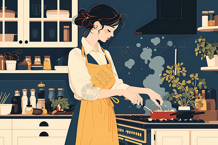 擦厨房做饭的女人插画
