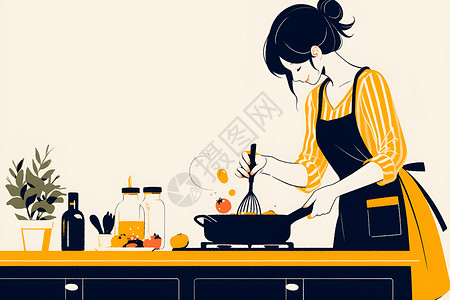 敞开式厨房做饭的女性插画