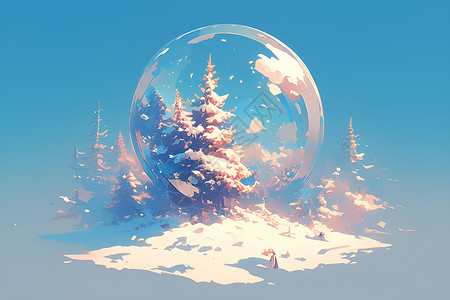透明下雪素材雪地中的透明球体插画