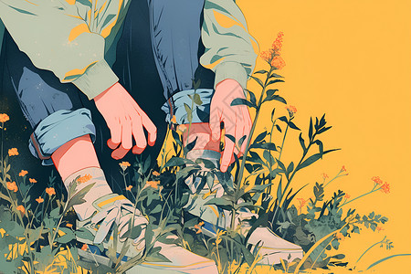 男孩在花丛里系鞋带高清图片