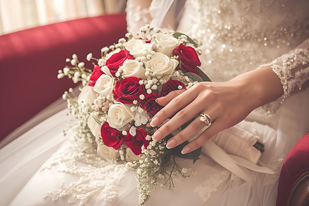 新娘手持红白玫瑰花束背景图片