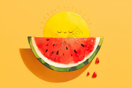 创意西瓜果肉水果背后的欢快太阳插画