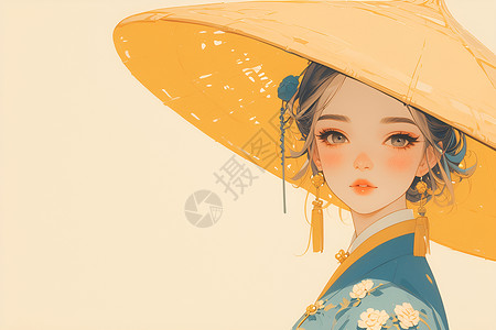 戴斗笠的少女中国女孩优雅姿态插画