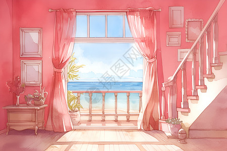 外箱设计粉色房间外的海景插画