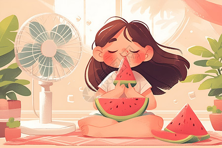 小电扇夏日清凉少女吃西瓜插画