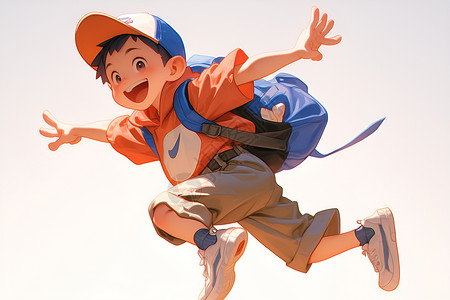 亚洲街灯快乐奔跑的亚洲男孩插画