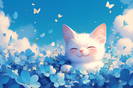 蓝花丛中白猫高清图片