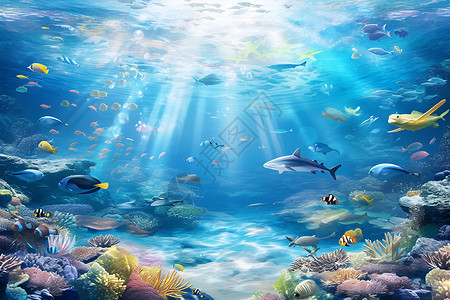 珊瑚红框海底奇幻世界插画