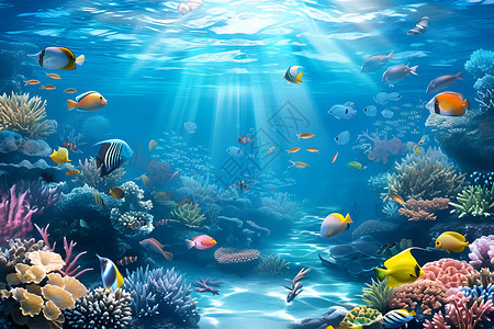 鱼儿游大海海底的鱼群和珊瑚插画