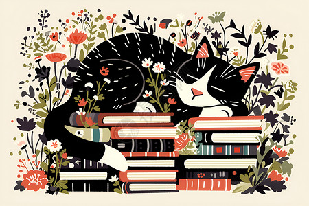 趴在墙头猫咪趴在书本上睡觉的猫咪插画