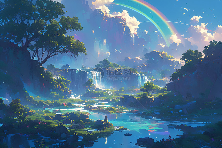 山脉中的瀑布和彩虹图片