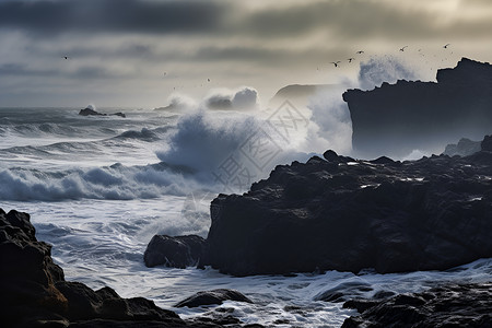 潮水潮向巨浪撞击岩石背景