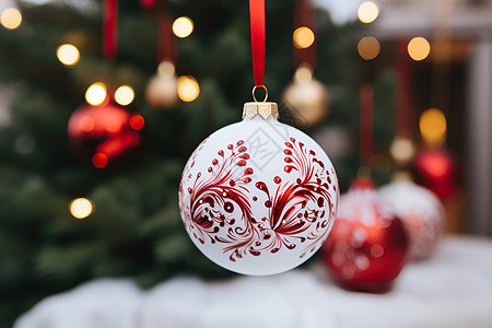 圣诞节抽奖券悬挂在树上的圣诞球背景
