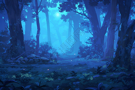 夜晚神秘的森林背景图片