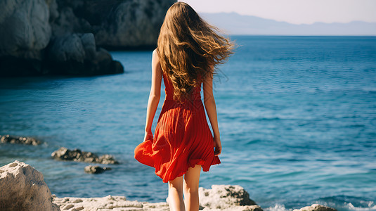 海边的红裙女子背景