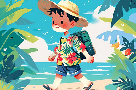 衬衣衬衫海滩上身穿花衬衫的男孩插画