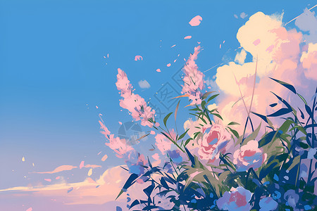 蓝天下的花丛背景图片