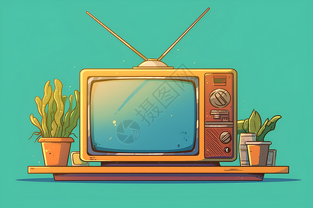 复古盆栽怀旧的电视机插画