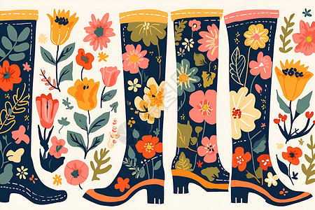 彩色花纹图案雨鞋上的彩色花朵插画