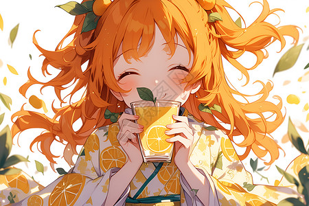 带果粒橙子汁少女欢享柑橘汁插画
