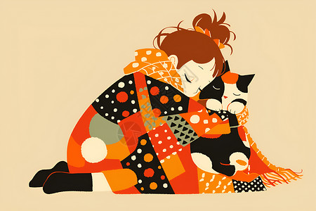 少女图案少女与可爱猫咪插画
