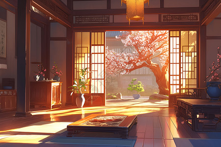 古典室内背景古典庭院里的樱花树插画