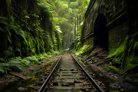 树木隧道森林中的轨道背景