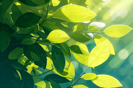 扇形树冠树叶上的阳光插画