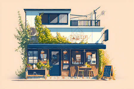 绿植建筑雅致的咖啡馆插画