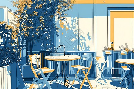露天咖啡厅露天餐厅的桌椅插画
