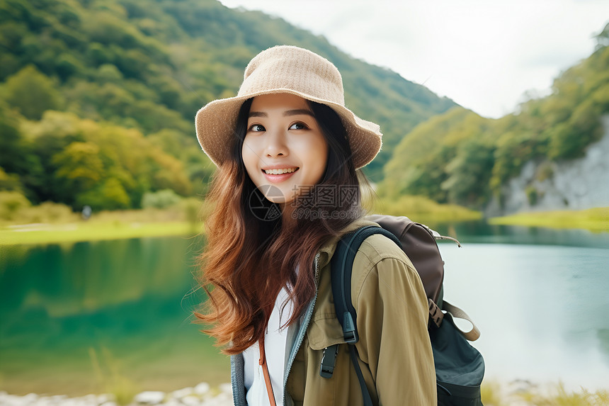 山水间旅游的少女图片