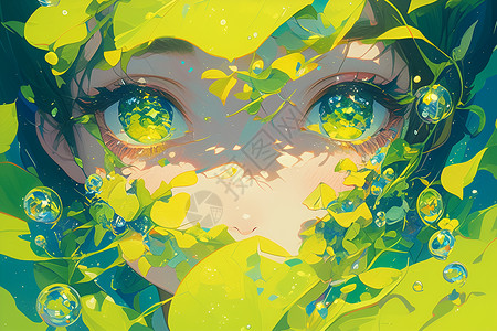 迷人眼睛翠绿树叶围绕这女孩插画